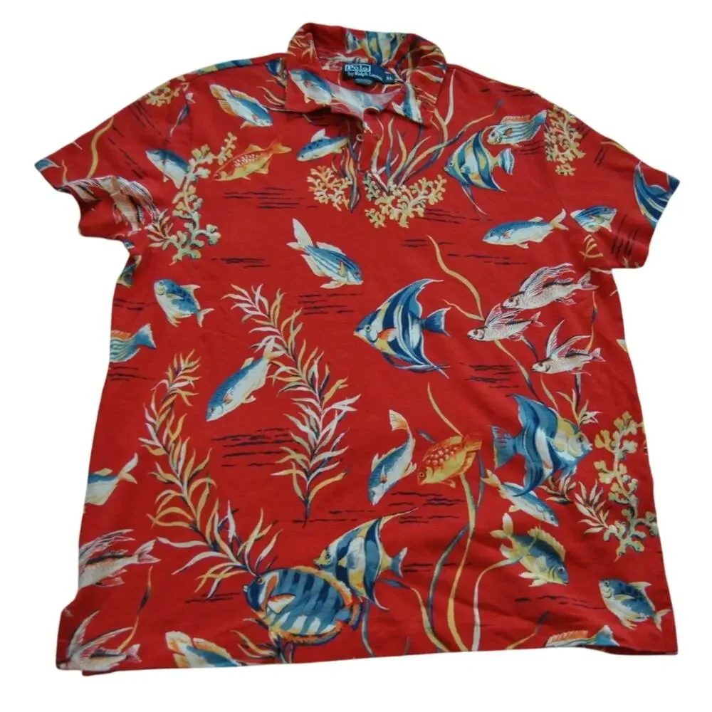 Vintage Ralph Lauren Polo Shirt Orange/Red Hawaiian Tropical Fish Coral Reef XL